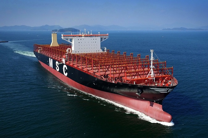 This file photo provided by Samsung Heavy Industries Co. shows a container carrier built by the shipbuilder.