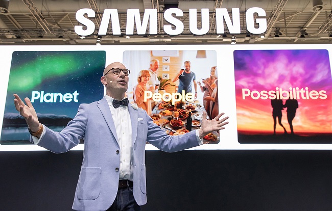 Benjamin Braun, Samsung's chief marketing officer for Europe, delivers a keynote speech during a press conference at City Cube Berlin on Aug. 31, 2023, in this photo provided by the company.