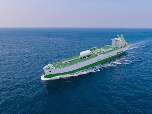 This image provided by Hanwha Ocean Co. on Sept. 21, 2023, shows an artist's rendition of a liquefied carbon dioxide carrier. (Image courtesy of Yonhap News)