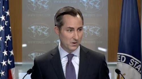State Department Press Secretary Matthew Miller is seen answering questions during a daily press briefing at the state department in Washington on Sept. 12, 2023 in this captured image. (Image courtesy of Yonhap)