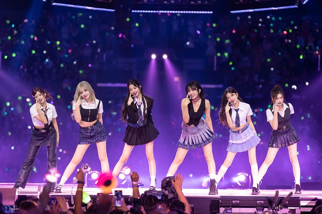 K-pop girl group Ive is seen performing at a KCON LA 2023 concert in Los Angeles, in this photo provided by the CJ ENM on Aug. 22, 2023.