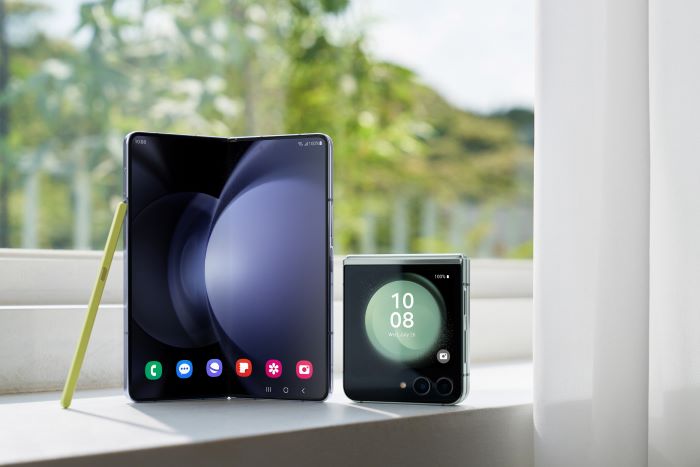 This photo provided by Samsung Electronics Co. on July 26, 2023, shows the Galaxy Z Fold 5 and Z Flip 5. 