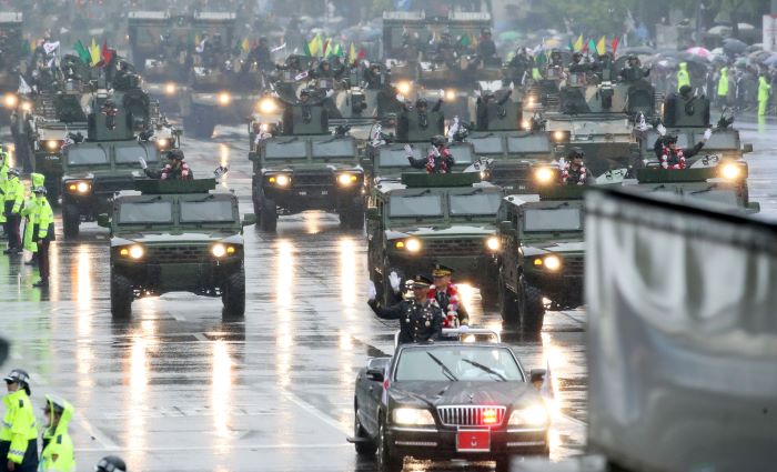 Mechanized troops take part in a military parade in central Seoul on Sept. 26, 2023, to commemorate the 75th founding anniversary of South Korea's armed forces this year. 