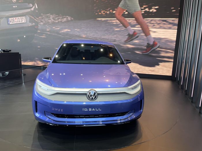 Volkswagen's ID.2 concept car on display in the Mobility Open Space at the German IAA, Europe's largest motor show, which kicked off in the heart of downtown Munich. Scheduled for release in 2025, the car is an electric car for everyone and will be priced at €25,000.